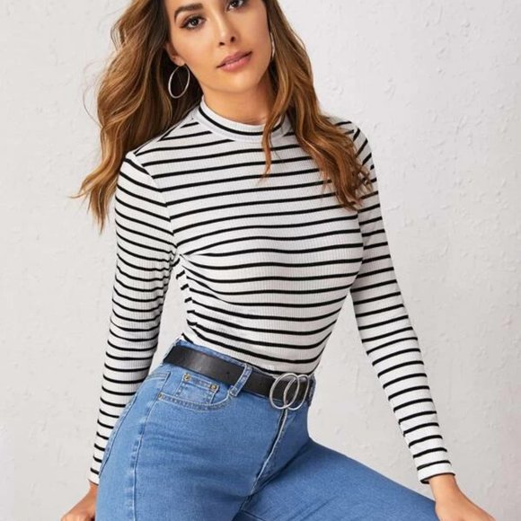 Mock-Neck Rib-Knit Fitted Striped Long-Sleeve - Picture 3 of 3